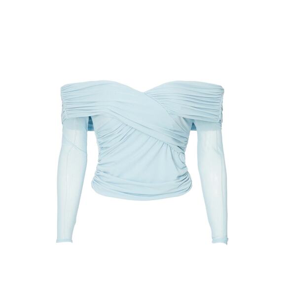 Self-Portrait Pale Blue Jersey Mesh Crossover Off the Shoulder Long Sleeve Top 0 - Picture 4 of 10